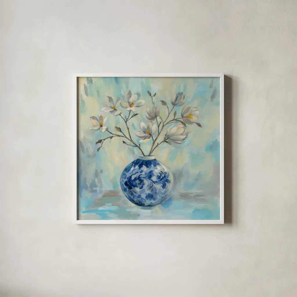 Chinoiserie and Branches by Silvia Vassileva. Shown in a crisp white glass frame for a clean and minimalist style. Available as an archival giclee rolled canvas, fine art paper, or poster print. SKU 54376a.
