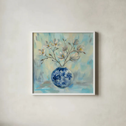 Chinoiserie and Branches by Silvia Vassileva. Shown in a crisp white glass frame for a clean and minimalist style. Available as an archival giclee rolled canvas, fine art paper, or poster print. SKU 54376a.