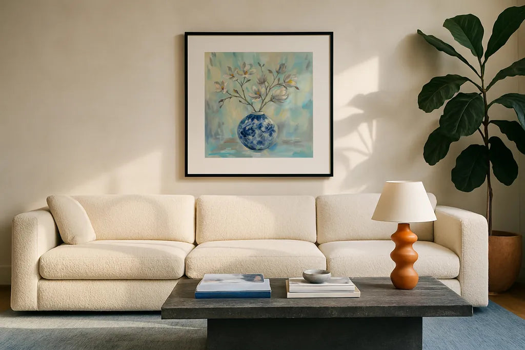 Chinoiserie and Branches by Silvia Vassileva. Displayed in a glass frame with matte in a clean modern living room. Available as an archival giclee rolled canvas, fine art paper, or poster print. SKU 54376a.