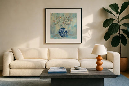 Chinoiserie and Branches by Silvia Vassileva. Displayed in a glass frame with matte in a clean modern living room. Available as an archival giclee rolled canvas, fine art paper, or poster print. SKU 54376a.