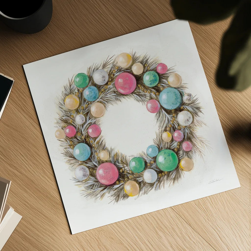 Christmas Glamour Wreath by Silvia Vassileva. Shown as a detailed flat fine art print, highlighting archival giclee quality. Available as an archival giclee rolled canvas, fine art paper, or poster print. SKU 65238a.