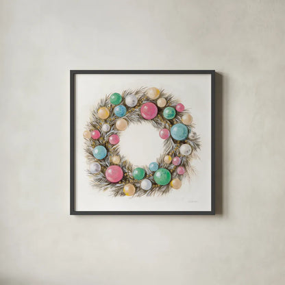 Christmas Glamour Wreath by Silvia Vassileva. Shown in a sleek black glass frame for a contemporary gallery look. Available as an archival giclee rolled canvas, fine art paper, or poster print. SKU 65238a.