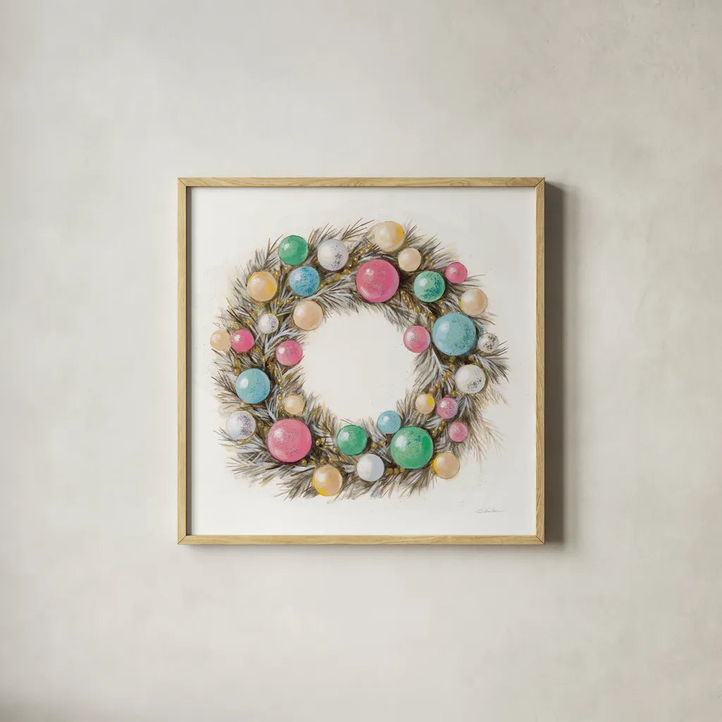 Christmas Glamour Wreath by Silvia Vassileva. Shown in a natural wood glass frame for a timeless modern aesthetic. Available as an archival giclee rolled canvas, fine art paper, or poster print. SKU 65238a.