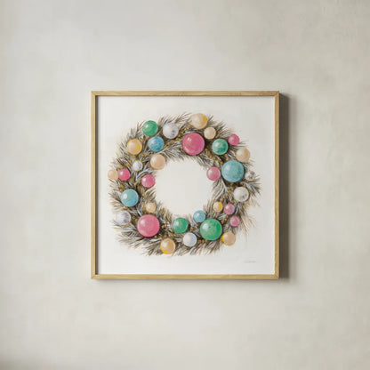 Christmas Glamour Wreath by Silvia Vassileva. Shown in a natural wood glass frame for a timeless modern aesthetic. Available as an archival giclee rolled canvas, fine art paper, or poster print. SKU 65238a.
