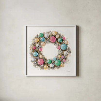 Christmas Glamour Wreath by Silvia Vassileva. Shown in a crisp white glass frame for a clean and minimalist style. Available as an archival giclee rolled canvas, fine art paper, or poster print. SKU 65238a.