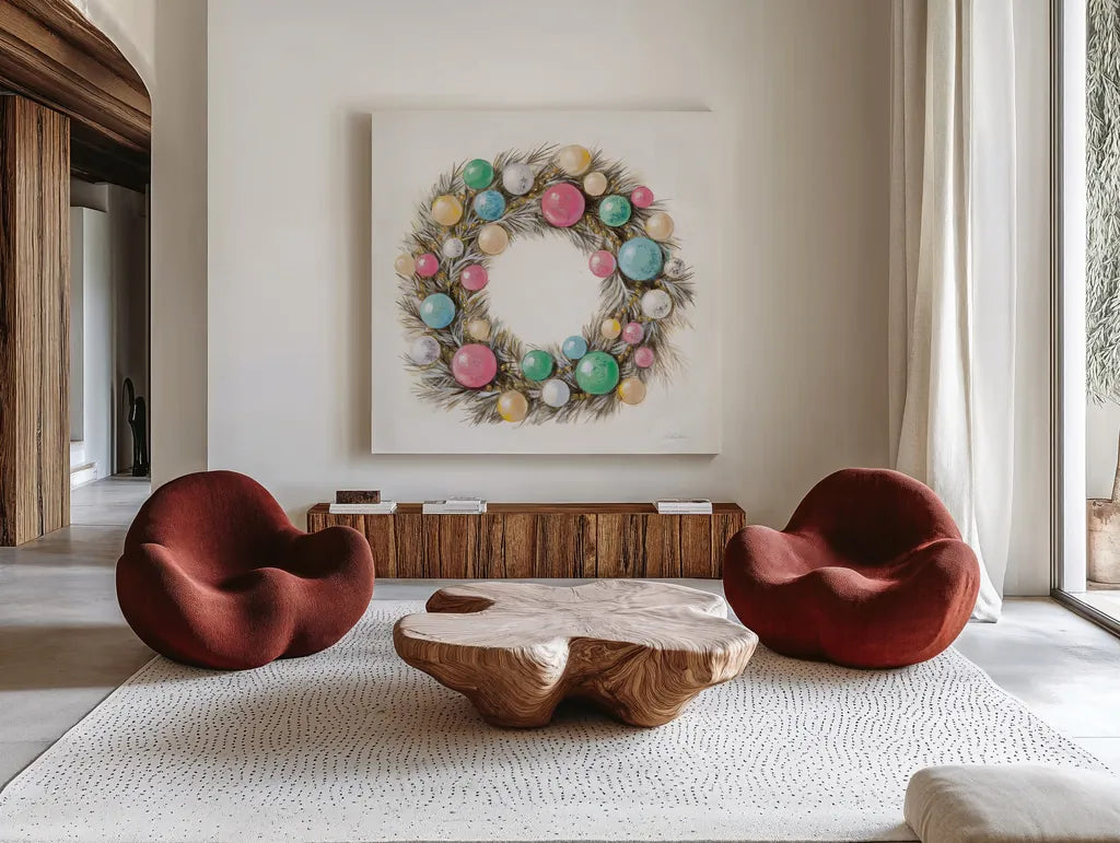 Christmas Glamour Wreath by Silvia Vassileva. Shown as extra-large giant wall art in a modern living room. Available as an archival giclee rolled canvas, fine art paper, or poster print. SKU 65238a.