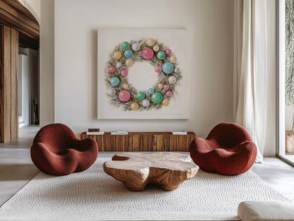 Christmas Glamour Wreath by Silvia Vassileva. Shown as extra-large giant wall art in a modern living room. Available as an archival giclee rolled canvas, fine art paper, or poster print. SKU 65238a.