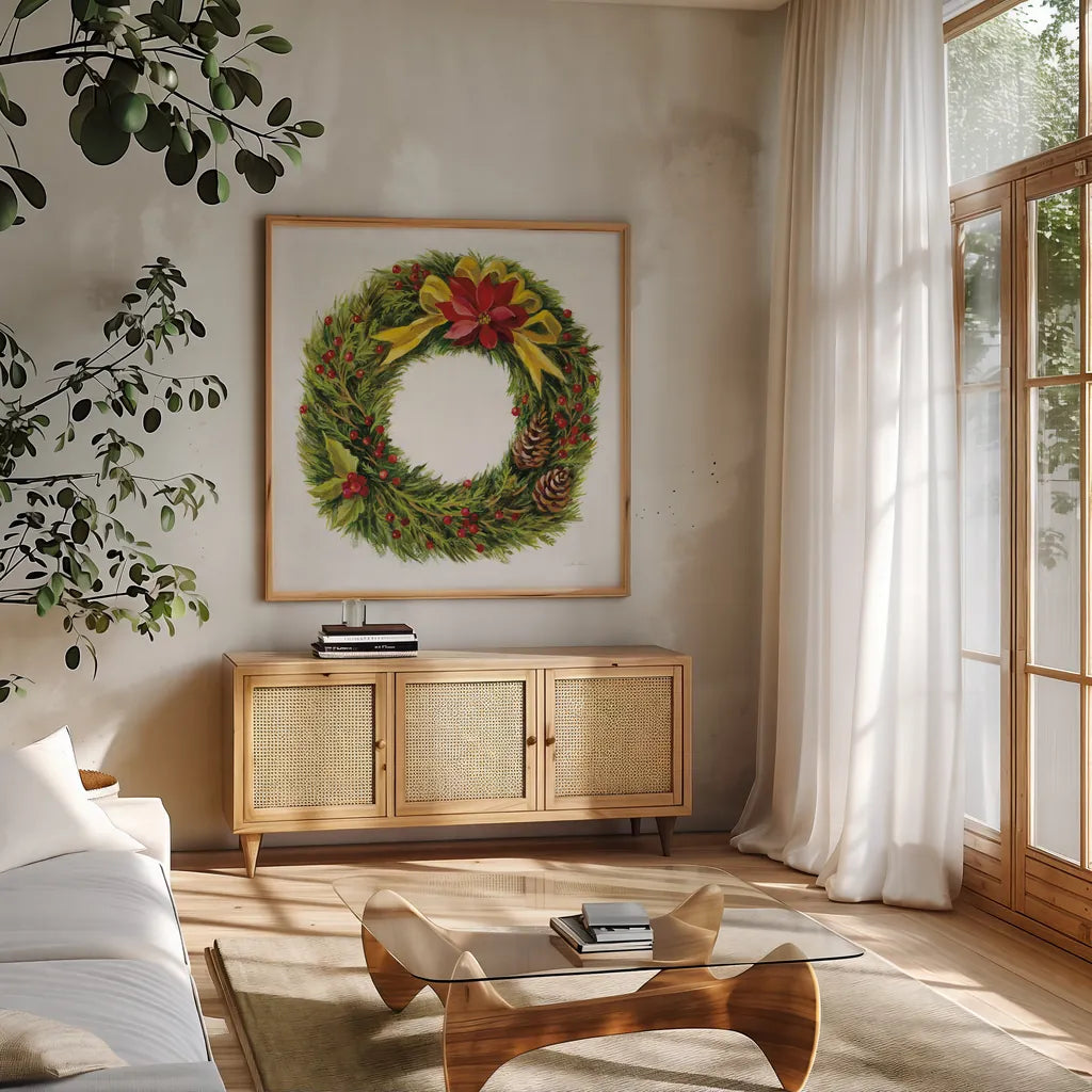 Christmas Moment by Silvia Vassileva. Shown in a natural wood frame in a cozy modern living room. Available as an archival giclee rolled canvas, fine art paper, or poster print. SKU 65239a.