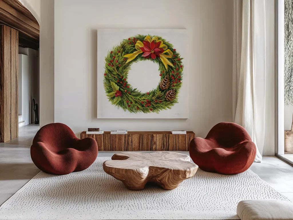 Christmas Moment by Silvia Vassileva. Shown as extra-large giant wall art in a modern living room. Available as an archival giclee rolled canvas, fine art paper, or poster print. SKU 65239a.