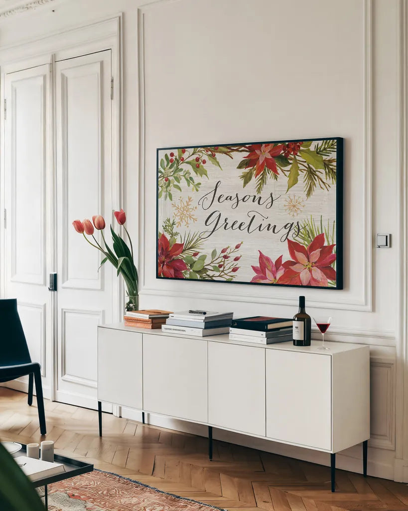 Christmas Moments I by Silvia Vassileva. shown as a framed stretched canvas in a living room above a console. Available as a archival giclee rolled canvas, fine art paper, or poster print. SKU 51796i.