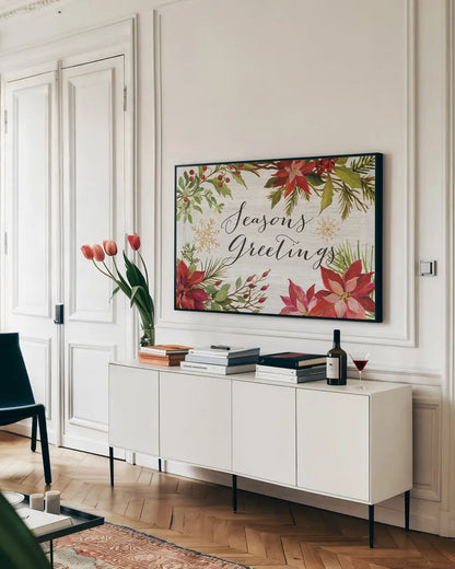 Christmas Moments I by Silvia Vassileva. shown as a framed stretched canvas in a living room above a console. Available as a archival giclee rolled canvas, fine art paper, or poster print. SKU 51796i.