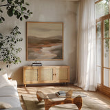 Cinnamon Riverbank I by Silvia Vassileva. Shown in a natural wood frame in a cozy modern living room. Available as an archival giclee rolled canvas, fine art paper, or poster print. SKU 71962a.