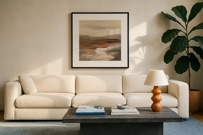 Cinnamon Riverbank I by Silvia Vassileva. Displayed in a glass frame with matte in a clean modern living room. Available as an archival giclee rolled canvas, fine art paper, or poster print. SKU 71962a.