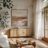 Cinnamon Riverbank I Light by Silvia Vassileva. Shown in a natural wood frame in a cozy modern living room. Available as an archival giclee rolled canvas, fine art paper, or poster print. SKU 75032a.