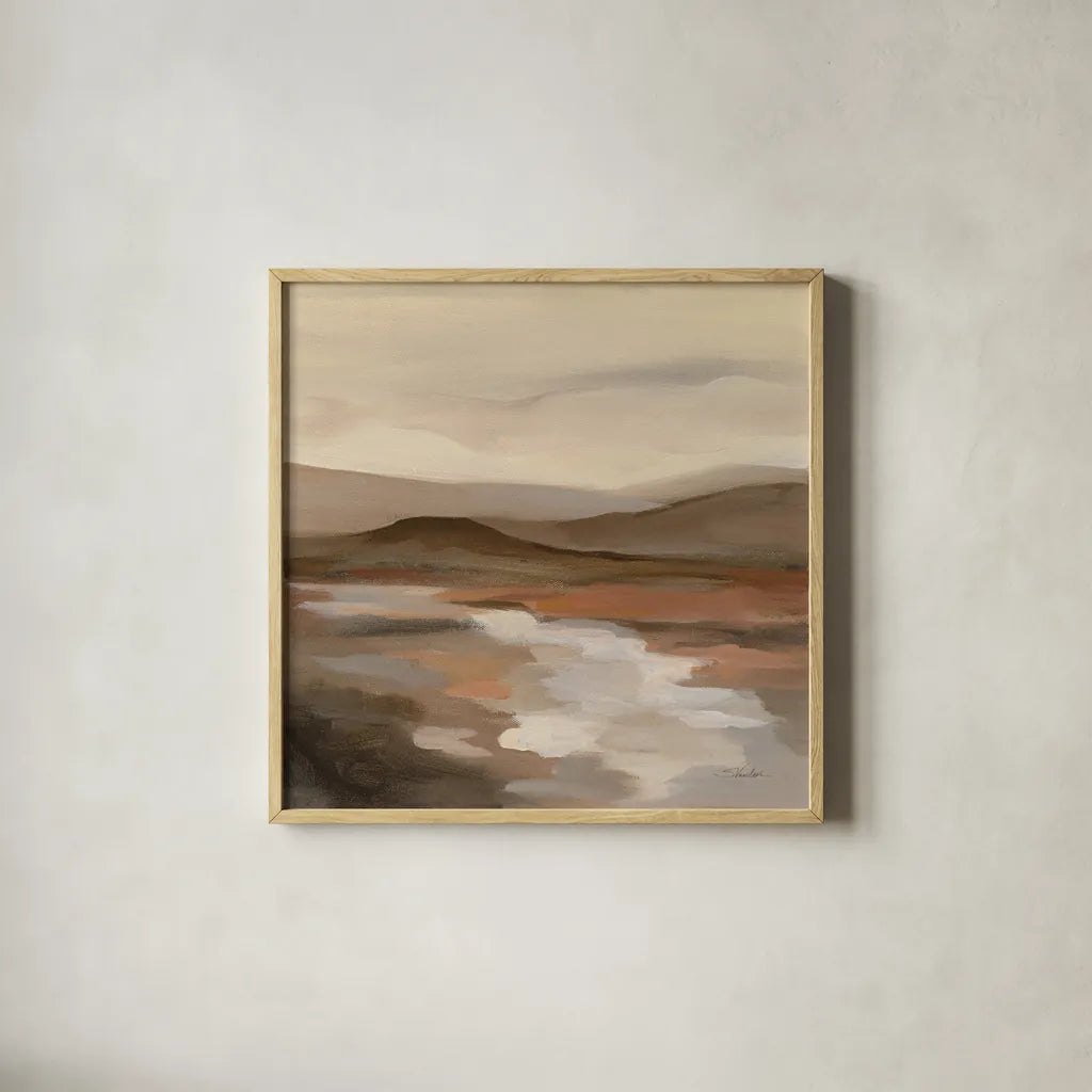 Cinnamon Riverbank II by Silvia Vassileva. Shown in a natural wood glass frame for a timeless modern aesthetic. Available as an archival giclee rolled canvas, fine art paper, or poster print. SKU 71963a.