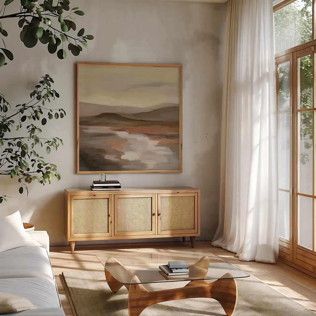 Cinnamon Riverbank II by Silvia Vassileva. Shown in a natural wood frame in a cozy modern living room. Available as an archival giclee rolled canvas, fine art paper, or poster print. SKU 71963a.