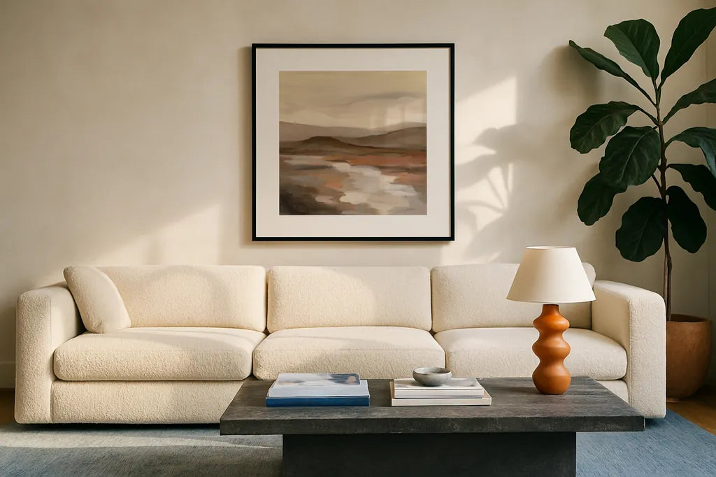 Cinnamon Riverbank II by Silvia Vassileva. Displayed in a glass frame with matte in a clean modern living room. Available as an archival giclee rolled canvas, fine art paper, or poster print. SKU 71963a.