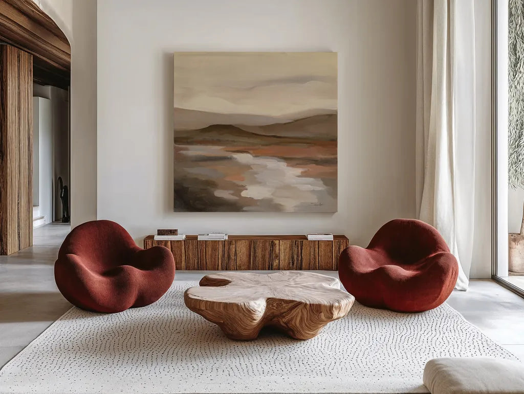 Cinnamon Riverbank II by Silvia Vassileva. Shown as extra-large giant wall art in a modern living room. Available as an archival giclee rolled canvas, fine art paper, or poster print. SKU 71963a.