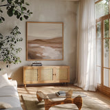 Cinnamon Riverbank II Light by Silvia Vassileva. Shown in a natural wood frame in a cozy modern living room. Available as an archival giclee rolled canvas, fine art paper, or poster print. SKU 75033a.