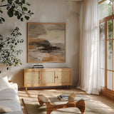 Cinnamon Shore I by Silvia Vassileva. Shown in a natural wood frame in a cozy modern living room. Available as an archival giclee rolled canvas, fine art paper, or poster print. SKU 85003a.