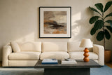 Cinnamon Shore I by Silvia Vassileva. Displayed in a glass frame with matte in a clean modern living room. Available as an archival giclee rolled canvas, fine art paper, or poster print. SKU 85003a.