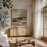 Cinnamon Shore II by Silvia Vassileva. Shown in a natural wood frame in a cozy modern living room. Available as an archival giclee rolled canvas, fine art paper, or poster print. SKU 85004a.