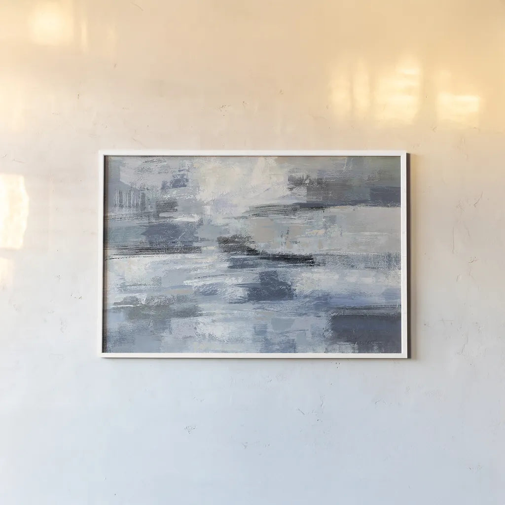 Clear  Water Indigo and Gray by Silvia Vassileva. shown as a paper print in a white frame. Available as a archival giclee rolled canvas, fine art paper, or poster print. SKU 20866i.