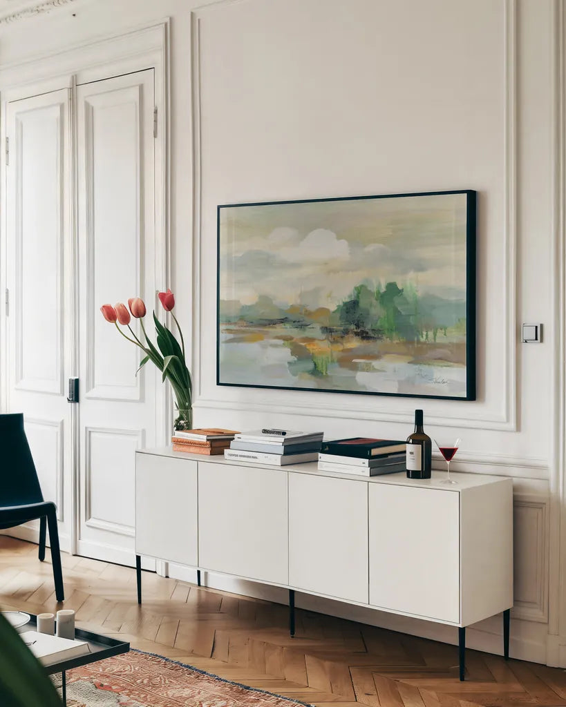 Clear Horizon by Silvia Vassileva. shown as a framed stretched canvas in a living room above a console. Available as a archival giclee rolled canvas, fine art paper, or poster print. SKU 84280i.