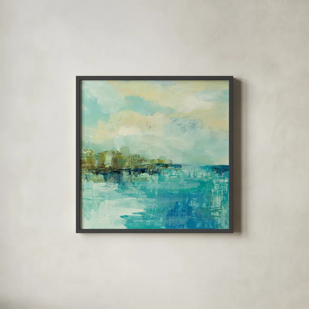 Cliff Side Town Crop by Silvia Vassileva. Shown in a sleek black glass frame for a contemporary gallery look. Available as an archival giclee rolled canvas, fine art paper, or poster print. SKU 28118a.