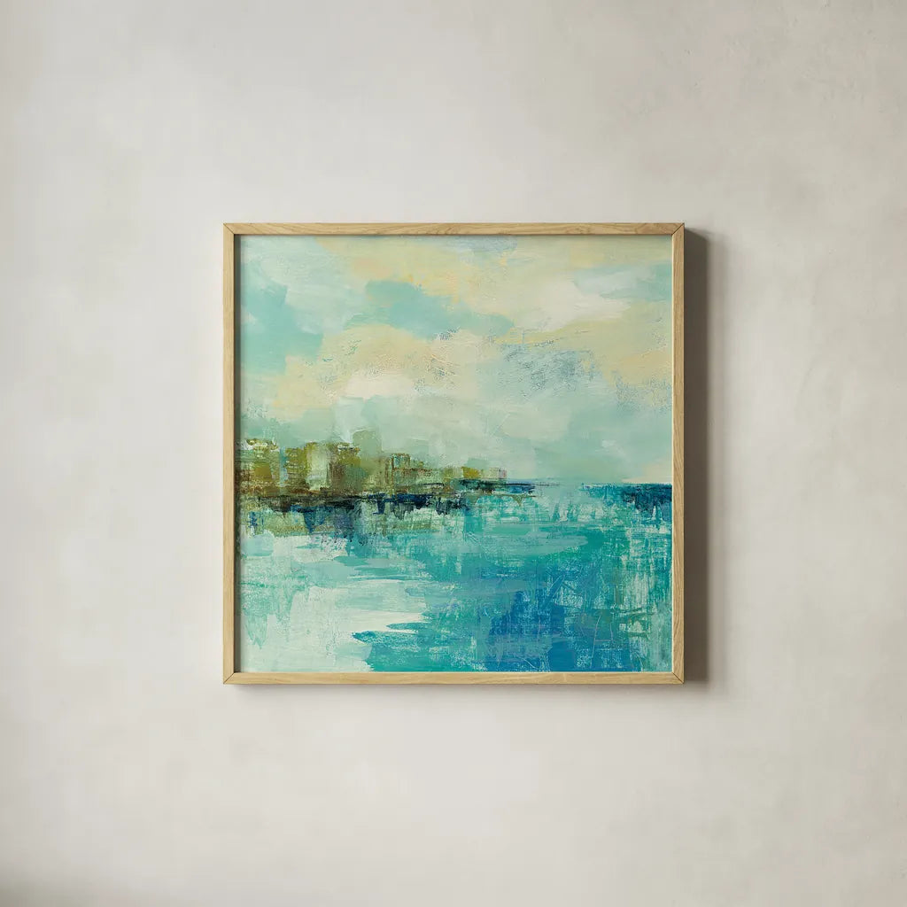 Cliff Side Town Crop by Silvia Vassileva. Shown in a natural wood glass frame for a timeless modern aesthetic. Available as an archival giclee rolled canvas, fine art paper, or poster print. SKU 28118a.