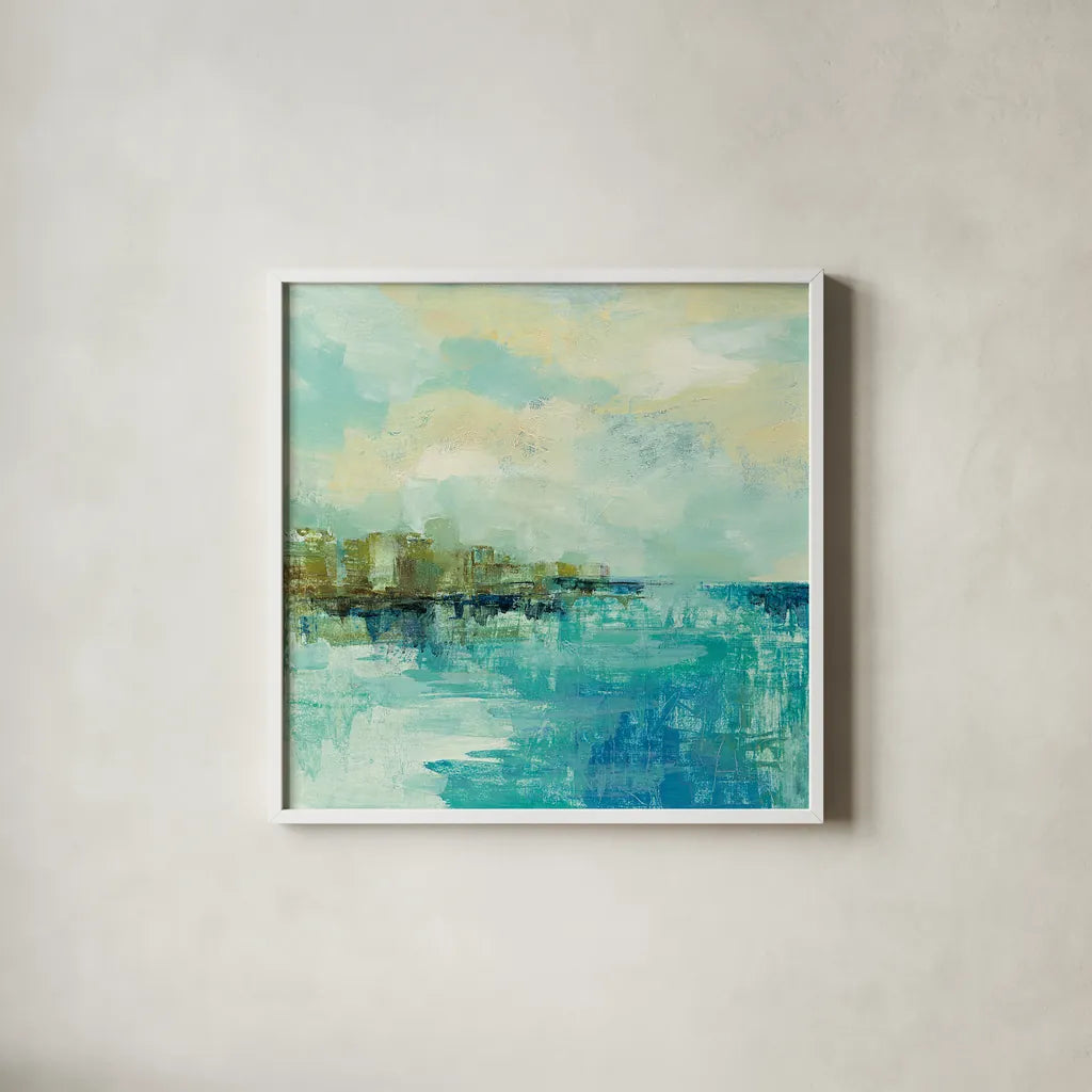 Cliff Side Town Crop by Silvia Vassileva. Shown in a crisp white glass frame for a clean and minimalist style. Available as an archival giclee rolled canvas, fine art paper, or poster print. SKU 28118a.