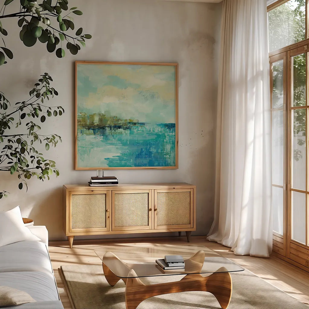 Cliff Side Town Crop by Silvia Vassileva. Shown in a natural wood frame in a cozy modern living room. Available as an archival giclee rolled canvas, fine art paper, or poster print. SKU 28118a.