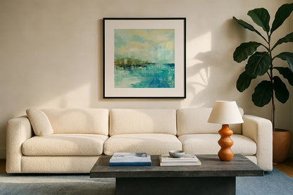 Cliff Side Town Crop by Silvia Vassileva. Displayed in a glass frame with matte in a clean modern living room. Available as an archival giclee rolled canvas, fine art paper, or poster print. SKU 28118a.