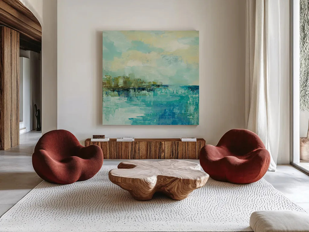 Cliff Side Town Crop by Silvia Vassileva. Shown as extra-large giant wall art in a modern living room. Available as an archival giclee rolled canvas, fine art paper, or poster print. SKU 28118a.