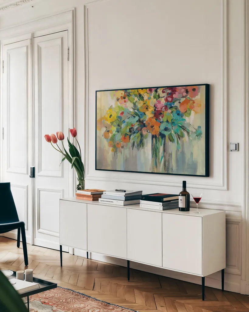 Cloud of Flowers by Silvia Vassileva. shown as a framed stretched canvas in a living room above a console. Available as a archival giclee rolled canvas, fine art paper, or poster print. SKU 59951i.