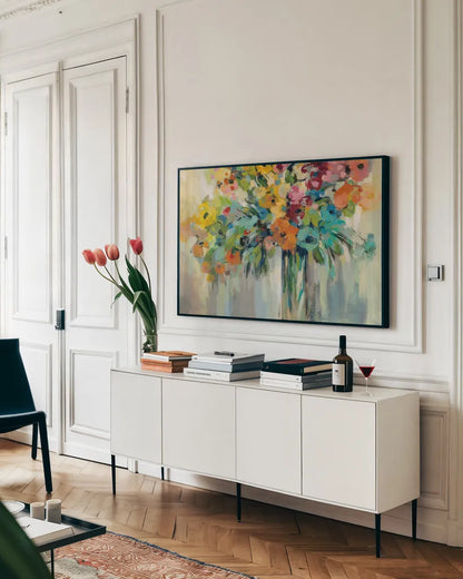 Cloud of Flowers by Silvia Vassileva. shown as a framed stretched canvas in a living room above a console. Available as a archival giclee rolled canvas, fine art paper, or poster print. SKU 59951i.