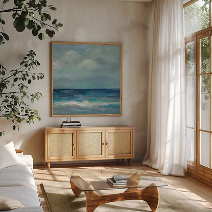 Clouds and Sea Crop III by Silvia Vassileva. Shown in a natural wood frame in a cozy modern living room. Available as an archival giclee rolled canvas, fine art paper, or poster print. SKU 60288a.