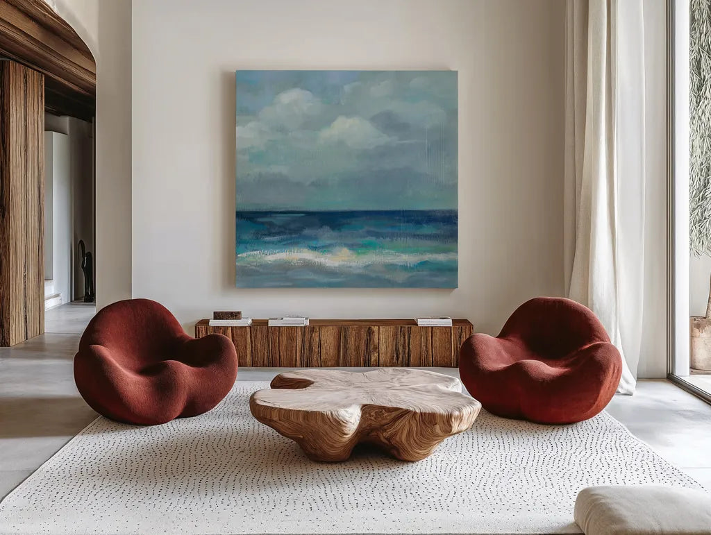 Clouds and Sea Crop III by Silvia Vassileva. Shown as extra-large giant wall art in a modern living room. Available as an archival giclee rolled canvas, fine art paper, or poster print. SKU 60288a.