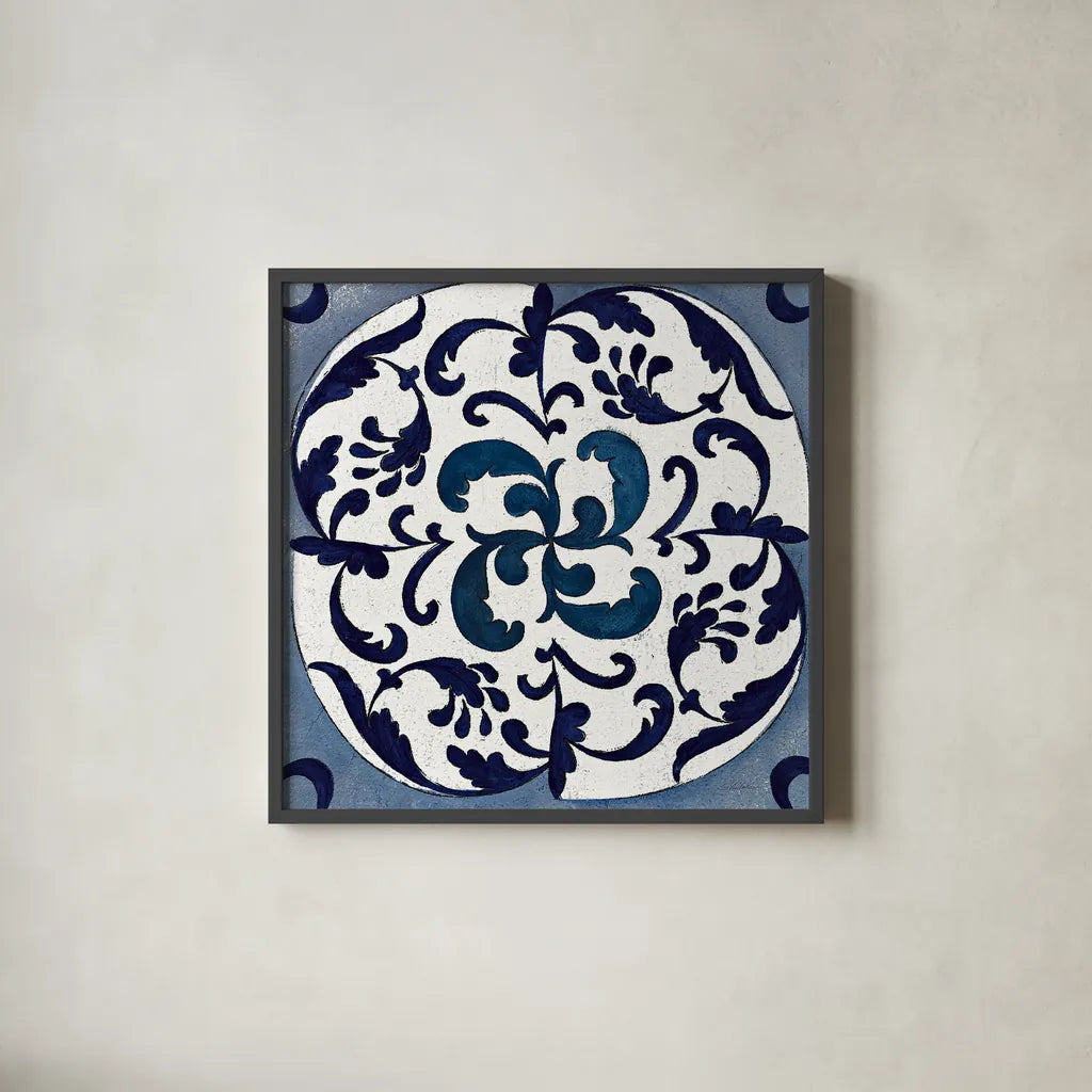 Coast Lines I Indigo and Cream by Silvia Vassileva. Shown in a sleek black glass frame for a contemporary gallery look. Available as an archival giclee rolled canvas, fine art paper, or poster print. SKU 29274a.