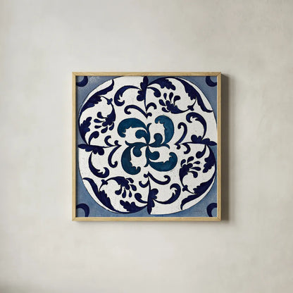 Coast Lines I Indigo and Cream by Silvia Vassileva. Shown in a natural wood glass frame for a timeless modern aesthetic. Available as an archival giclee rolled canvas, fine art paper, or poster print. SKU 29274a.