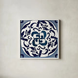 Coast Lines I Indigo and Cream by Silvia Vassileva. Shown in a crisp white glass frame for a clean and minimalist style. Available as an archival giclee rolled canvas, fine art paper, or poster print. SKU 29274a.