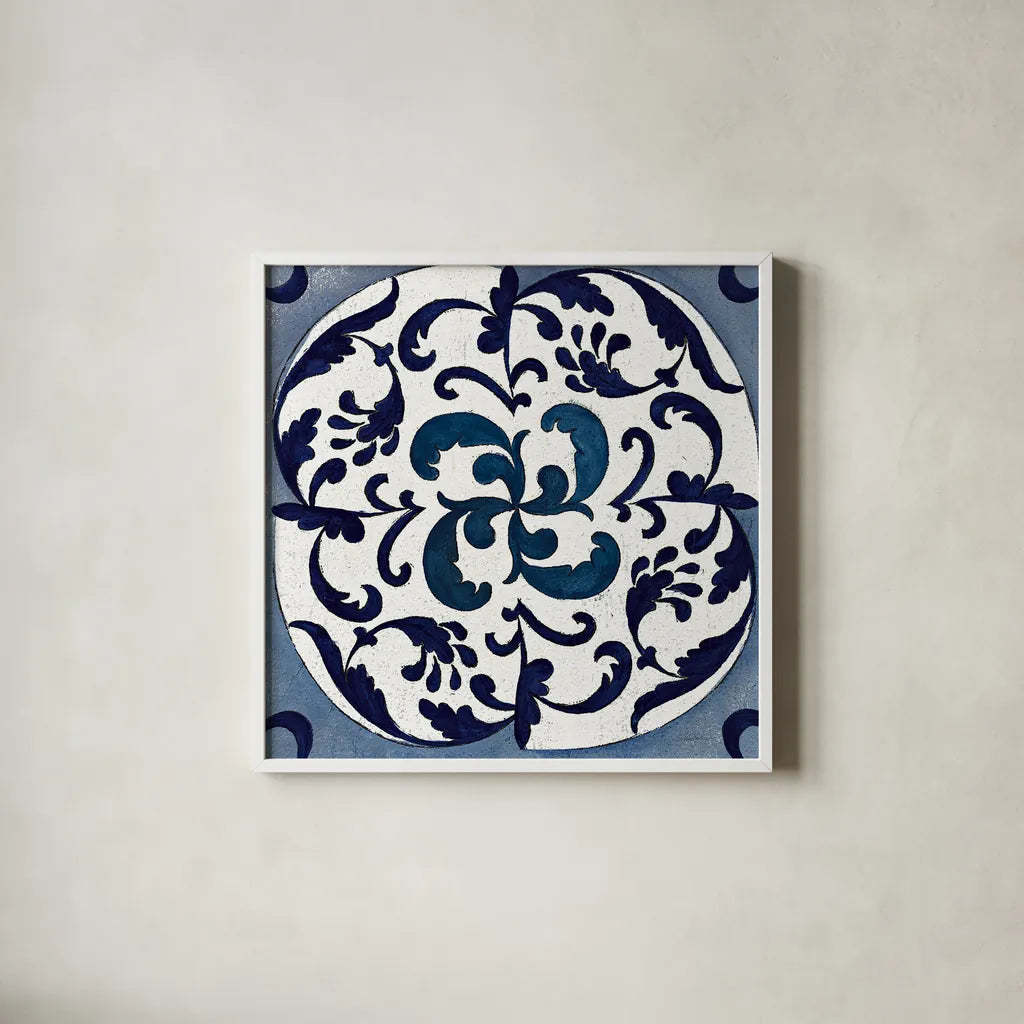 Coast Lines I Indigo and Cream by Silvia Vassileva. Shown in a crisp white glass frame for a clean and minimalist style. Available as an archival giclee rolled canvas, fine art paper, or poster print. SKU 29274a.