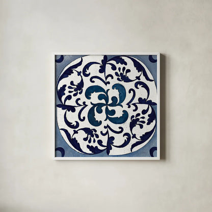 Coast Lines I Indigo and Cream by Silvia Vassileva. Shown in a crisp white glass frame for a clean and minimalist style. Available as an archival giclee rolled canvas, fine art paper, or poster print. SKU 29274a.