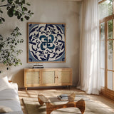 Coast Lines I Indigo and Cream by Silvia Vassileva. Shown in a natural wood frame in a cozy modern living room. Available as an archival giclee rolled canvas, fine art paper, or poster print. SKU 29274a.