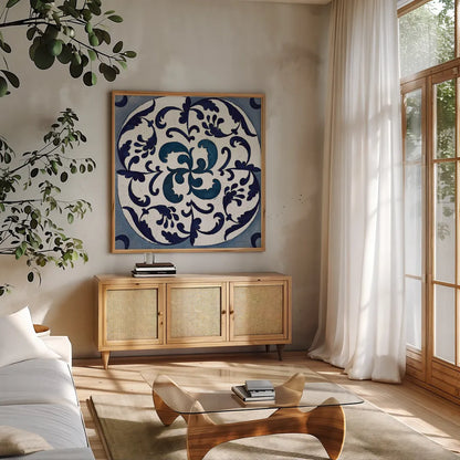 Coast Lines I Indigo and Cream by Silvia Vassileva. Shown in a natural wood frame in a cozy modern living room. Available as an archival giclee rolled canvas, fine art paper, or poster print. SKU 29274a.