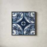 Coast Lines II Indigo and Cream by Silvia Vassileva. Shown in a sleek black glass frame for a contemporary gallery look. Available as an archival giclee rolled canvas, fine art paper, or poster print. SKU 29275a.