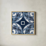 Coast Lines II Indigo and Cream by Silvia Vassileva. Shown in a natural wood glass frame for a timeless modern aesthetic. Available as an archival giclee rolled canvas, fine art paper, or poster print. SKU 29275a.