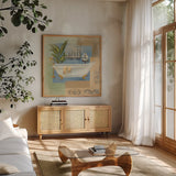 Coastal Bathtub I by Silvia Vassileva. Shown in a natural wood frame in a cozy modern living room. Available as an archival giclee rolled canvas, fine art paper, or poster print. SKU 3765a.