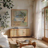 Coastal Bathtub II by Silvia Vassileva. Shown in a natural wood frame in a cozy modern living room. Available as an archival giclee rolled canvas, fine art paper, or poster print. SKU 3766a.
