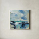 Coastal Blues I by Silvia Vassileva. Shown in a natural wood glass frame for a timeless modern aesthetic. Available as an archival giclee rolled canvas, fine art paper, or poster print. SKU 84817a.